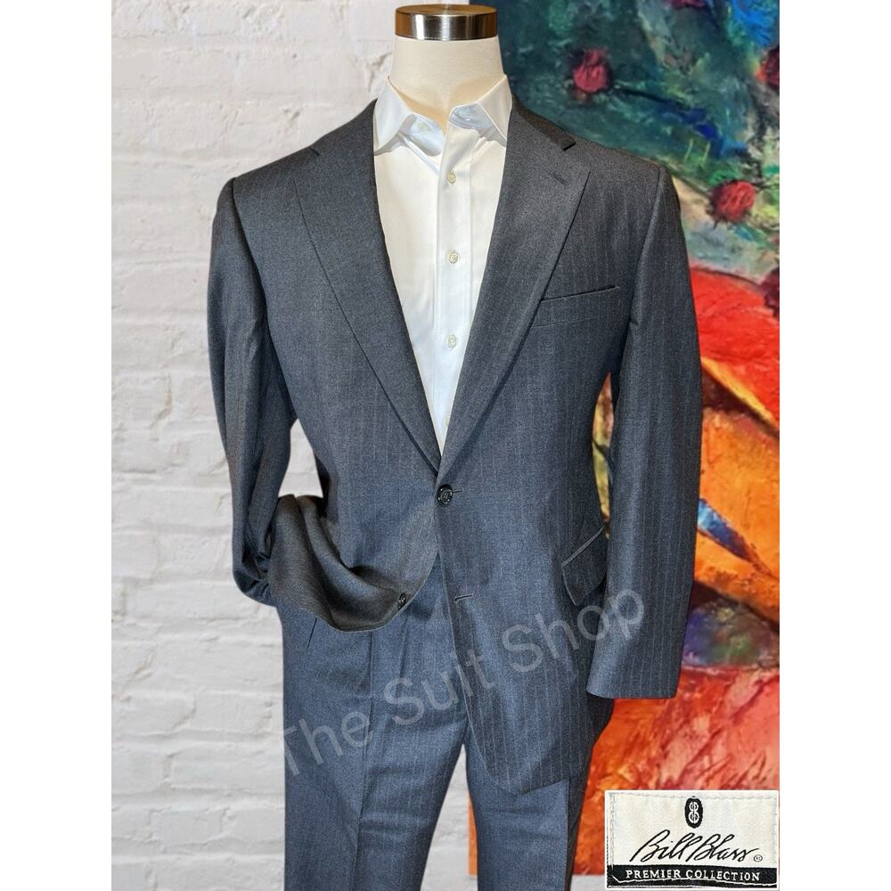 Bill Blass Premiere 44L 40x32 Gray Subtle Brown Stripe Flannel Suit